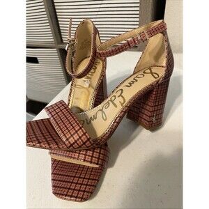 SAM EDELMAN Daniella size 7.5 plaid print ankle strap block 3” heel